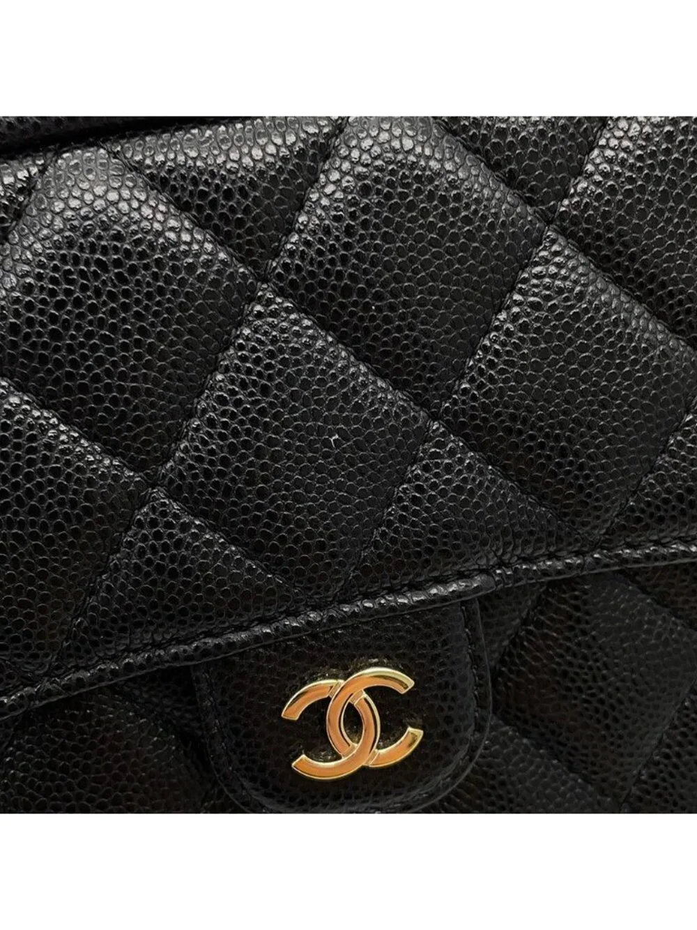 Chanel Chain Shoulder Bag Quilted CC Logo Classic Clutch Caviar Leather Black
